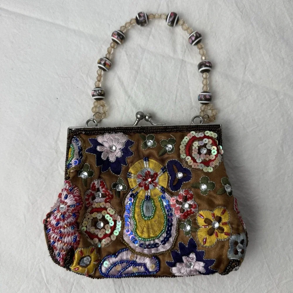 Vtg Y2K Beaded Sequin Purse Evening Bag Top Handle Cross‎ Body Guess Collection